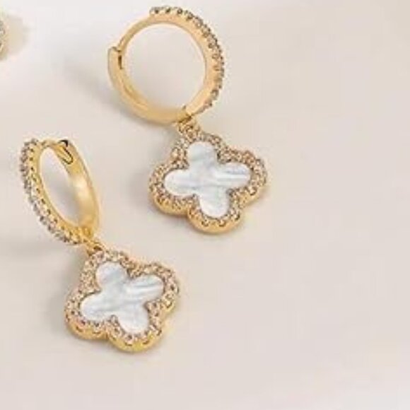 Neiman Marcus Mother of Pearl Clover Dangle Hoop Earring - Picture 3 of 3